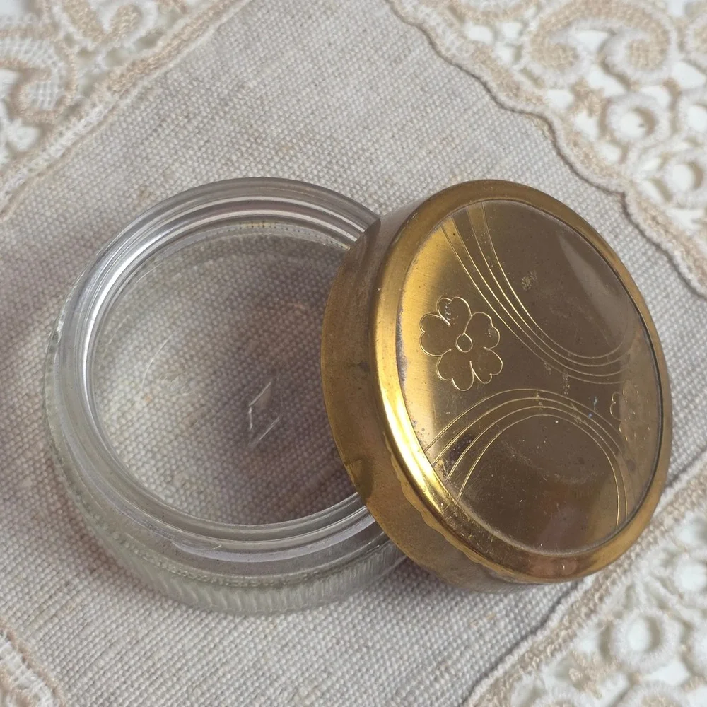 Vintage Glass Vanity Jar Set 2pc Floral Etched Brass Lids Ribbed Clear Glass